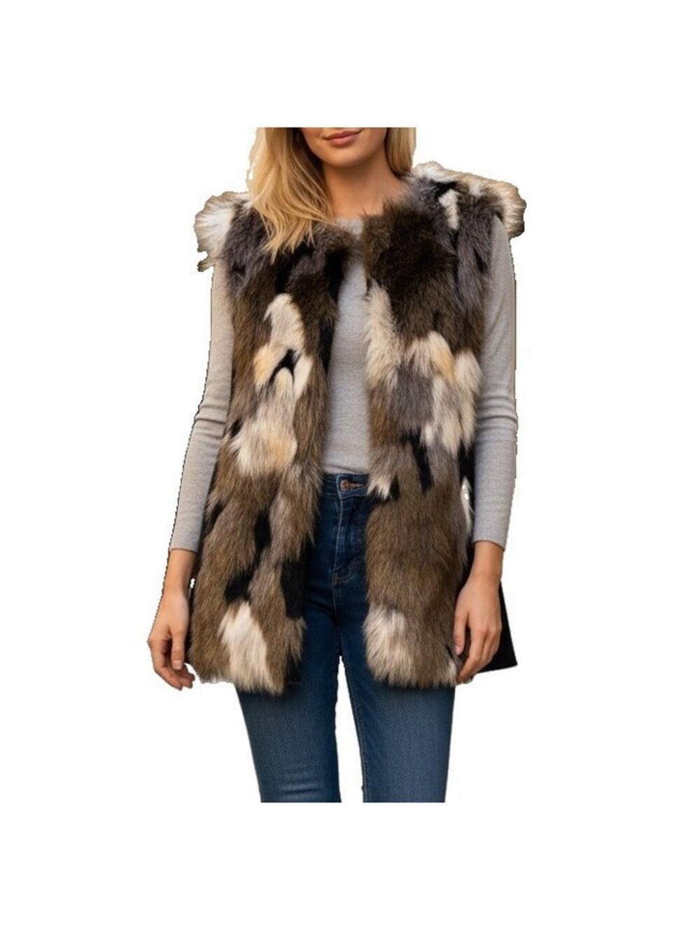 GUESS Women's XS Faux Fur Patchwork Vest Brown Gray Cream Y2K